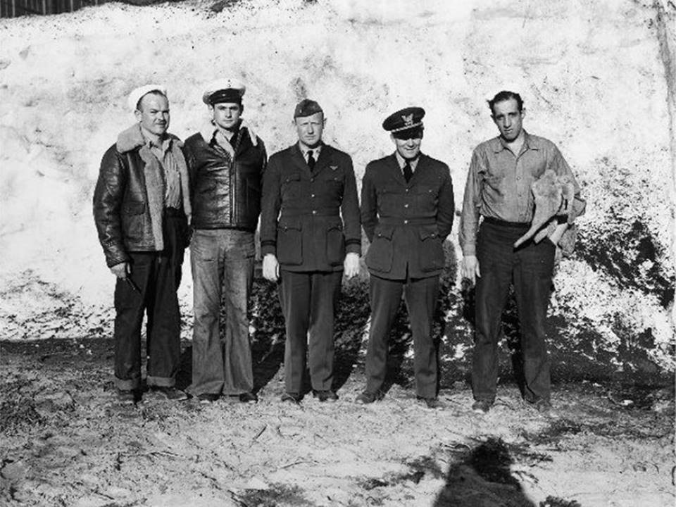 The heroes of the Labrador Rescue (left to right): AMM1 Gus Jablonski, Chief Forrest Giles, LT Gus Kleisch (Pilot), LCDR Alvin Fisher (Operations Commander), and AMM1 Irving Ziffer. (U.S. Coast Guard Aviation Association) The heroes of the Labrador Rescue (left to right): AMM1 Gus Jablonski, Chief Forrest Giles, LT Gus Kleisch (Pilot), LCDR Alvin Fisher (Operations Commander), and AMM1 Irving Ziffer. (U.S. Coast Guard Aviation Association)